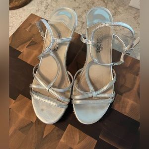 Michael Kors silver metallic wedge sandals, size 7M, EUC